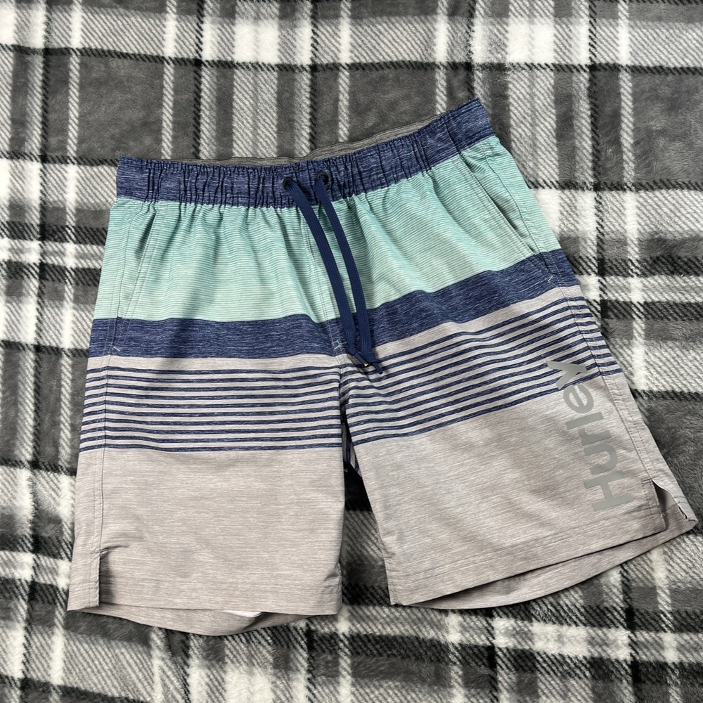 Hurley Swimming Trunks Shorts‎ Men L Blue Striped Beach Pool Summer Travel Lined